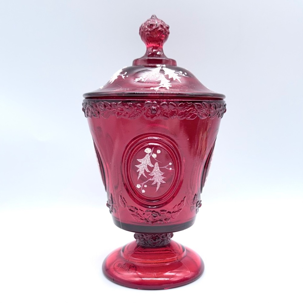 Fenton Ruby Red Glass Compote Candy Dish Lid Hand Painted B Mack Floral 7.5in